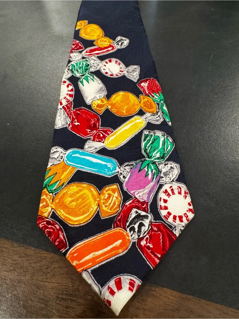 Peerless- Quality Confections Navy Tie with Colorful Candy Print